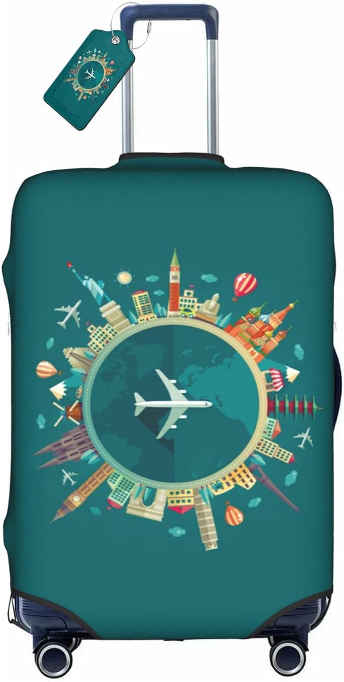 World Travel Luggage Covers and Luggage Tags Tsa Approved, Elastic Washable Fashionable Anti-Scratch Protector, Birthday Gifts for Men Women (S 18-21 Inch Luggage)