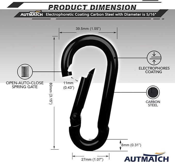 AUTMATCH Carabiner Clips, 3" Spring Snap Hook Caribeener Clips Buckle Heavy Duty Locking Carabiners Chain Quick Links, 4 Pack