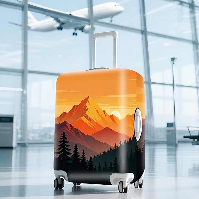 Retro Mountain Landscape Sunset Travel Luggage Cover -Stretchable Airplane Suitcase Protector Sleeve,Universal Washable Fit for 20-22 Inch Checked Baggage,Water Resistant Durable Luggage Protector