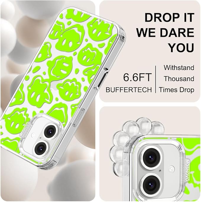 MOSNOVO Case for iPhone 16 Plus, [Buffertech 6.6ft Military-Grade Drop Protection] [Anti Peel Off Tech] Clear TPU Bumper Phone Case Cover Design - Distorted Green Smiles Face