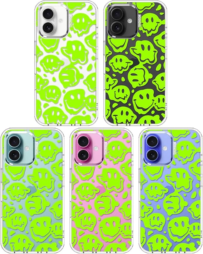 MOSNOVO Case for iPhone 16 Plus, [Buffertech 6.6ft Military-Grade Drop Protection] [Anti Peel Off Tech] Clear TPU Bumper Phone Case Cover Design - Distorted Green Smiles Face