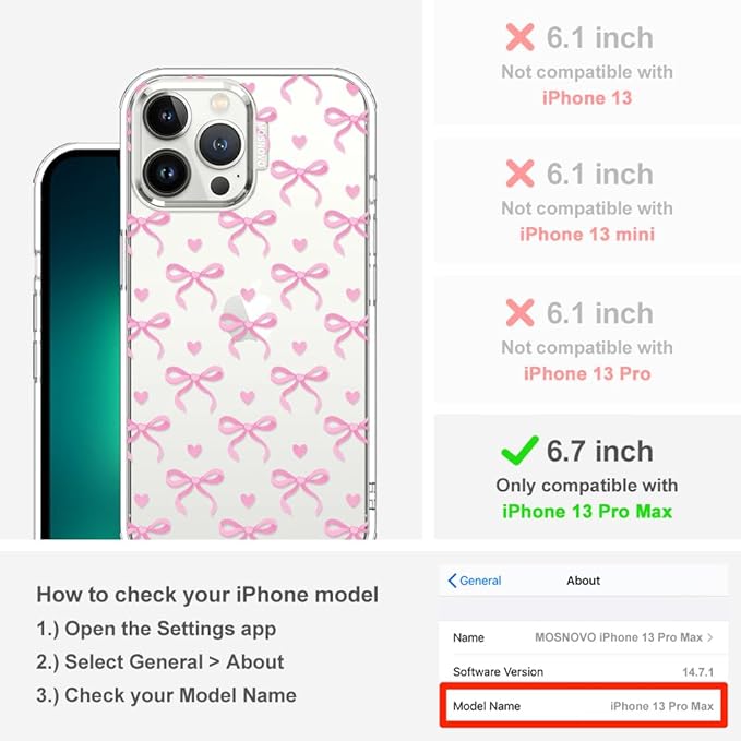 MOSNOVO Case for iPhone 13 Pro Max, [Buffertech 6.6ft Military-Grade Drop Protection] [Anti Peel Off Tech] Clear TPU Bumper Phone Case Cover Design - Bowtiful Love