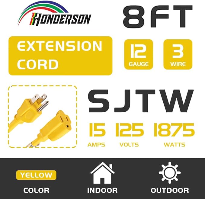 Indoor/Outdoor Extension Cord, 12 Gauge 8FT Yellow, 3 Prong Heavy Duty, Weatherproof, UL Certified, 15A Power Cord for Outdoor Lights, Appliances, Lawn