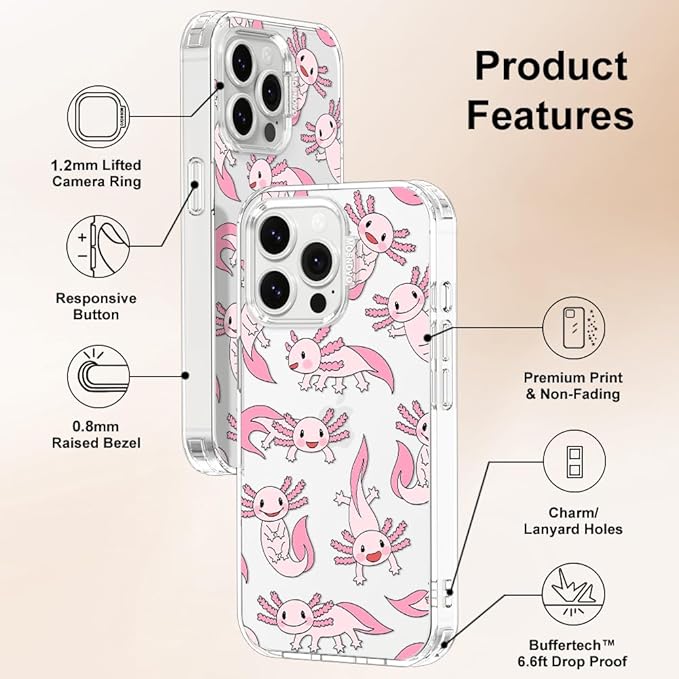 MOSNOVO Case for iPhone 14 Pro Max, [Buffertech 6.6ft Military-Grade Drop Protection] [Anti Peel Off Tech] Clear TPU Bumper Phone Case Cover Design - Pink Axolotl