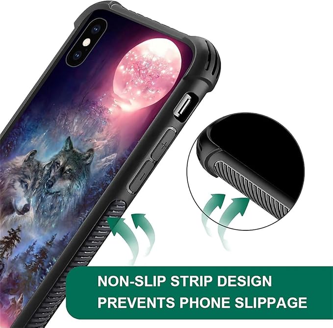 for iPhone X/Xs Case, Star Two Wolfs Howling Pattern Graphic Design Girl Boy Soft Silicone Hard Acrylic Shock Protection for iPhone X/Xs