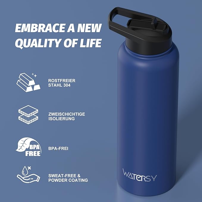 40oz Insulated Water Bottle (Cold for 48 Hrs),BPA Free&Leak Proof,Stainless Steel Water Flask,Water Jug with Straw Spout Lids for Gym,Hiking,Travel,Deep Blue