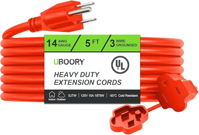 Outdoor Extension Cord Waterproof 5 FT, Orange 14/3 SJTW Heavy Duty, Flexible 100% Copper 3 Prong Extension Cord for Lawn, Garage,UL Listed