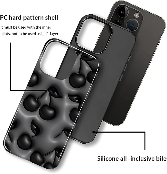for iPhone 13 Pro Max Case,HL2 Cute Cool Cherry Black Hybrid 2 Layer Hard Shell Silicone Protective Pattern Design Case