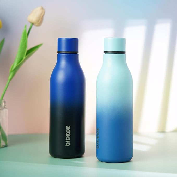 BJPKPK Insulated Water Bottles, 18 oz Stainless Steel Metal Water Bottle with Strap, BPA Free Leak Proof Jugs, Mugs, Flasks, Reusable Thermal Flasks for Sports & Travel, Sky