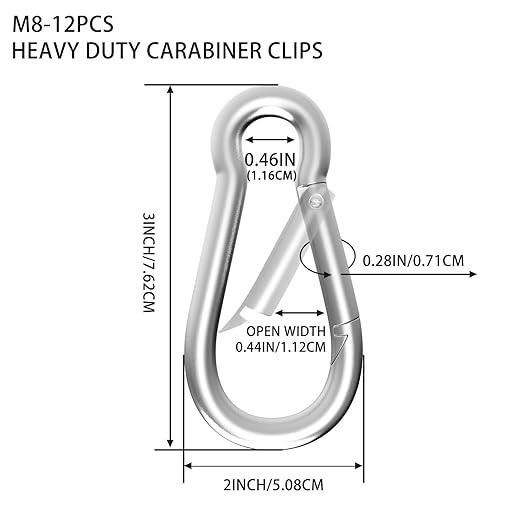 Carabiner, Heavy Duty Galvanized Steel Spring Snap Hook Carabiner Clips with 550LBS Holding Capacity, Ideal for Outdoor, Hammock, Swing and Travel (M8 3Inch, 12PCS)