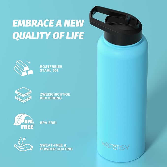 40oz Insulated Water Bottle (Cold for 48 Hrs),BPA Free&Leak Proof,Stainless Steel Water Flask,Water Jug with Straw Spout Lids for Gym,Hiking,Travel,Sky Blue