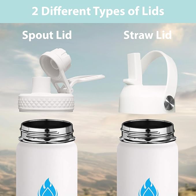 SENDESTAR Water Bottle 32oz Double Wall Vacuum Insulated Leak Proof Stainless Steel Sports Water Bottle—Wide Mouth with New Flex Straw Lid & Spout Lid (Day&Night)