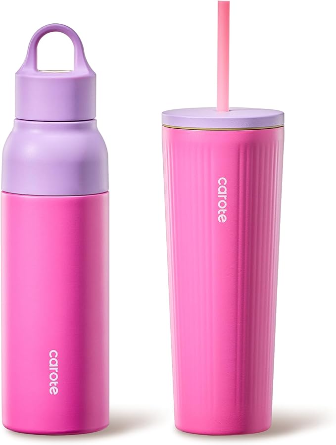 CAROTE 19 oz One-Click Open Insulated Water Bottle & 21 oz Tumblers with Lid and Straw, Double-Wall Insulated Stainless Steel, Leakproof Lid with Handle, Essential for Travel, School(Rose Pink)