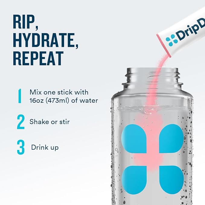 DripDrop Zero Sugar Plus - Sugar Free Hydration Packets - Single Serve Electrolytes Powder Drink Mix - Strawberry Kiwi, Peach, Cherry Limeade, Wild Berry - Non-GMO, Vegan - 16 Sticks
