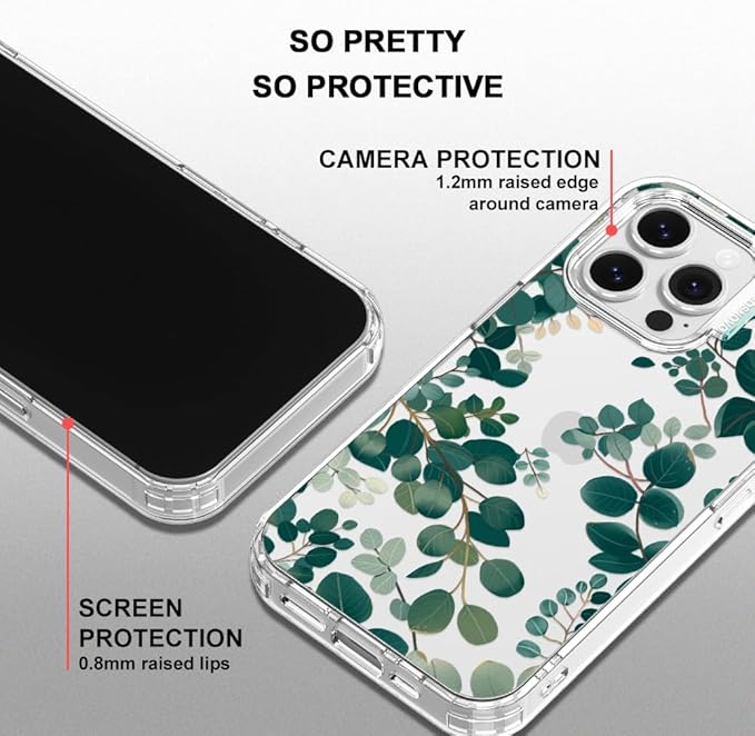 MOSNOVO Case for iPhone 16 Pro Max, [Buffertech 6.6ft Military-Grade Drop Protection] [Anti Peel Off Tech] Clear TPU Bumper Phone Case Cover Design - Eucalyptus
