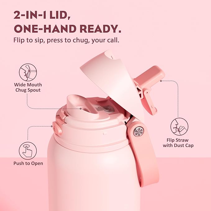 POWCAN 40 oz Insulated Water Bottle for Sports: 2-in-1 Lid with Push-Button Spout & Quick-Flip Straw, Leakproof, Car Cupholder Friendly, Stainless Steel for Gym, School, Travel, Camping (Cotton Candy)