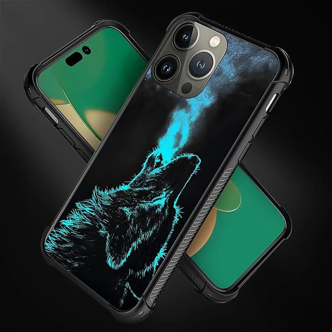for iPhone 14 Pro Case, Blue Breathing Wolf Pattern Graphic Design Girl Boy Soft Silicone Hard Acrylic Shock Protection for iPhone 14 Pro