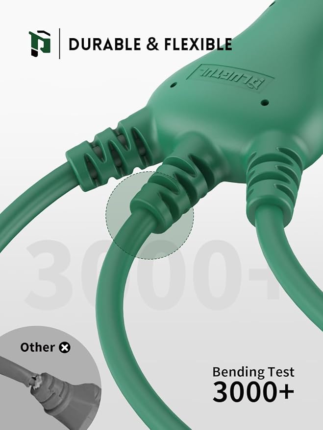 PLUGTUL 12FT Outdoor Extension Cord with Multiple Outlets, 1 to 3 Splitter Max 6FT End to Male Plug (Total 12FT) 16/3 SJTW Waterproof Power Cord for Halloween Christmas, ETL Listed, Green