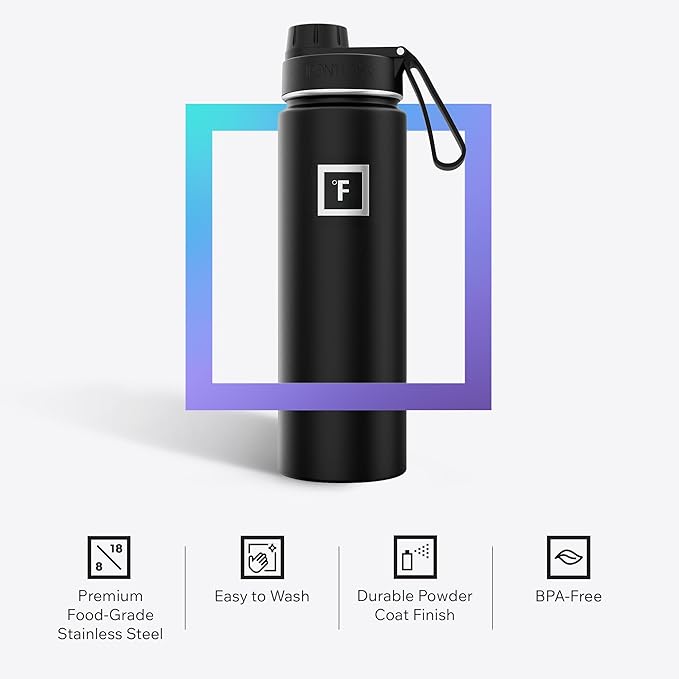 IRON °FLASK Camping & Hiking Hydration Flask with Spout, Wide Mouth Insulated Stainless Steel Sports Water Bottle - Black Marquina 24 oz - Spout (1 Lid)