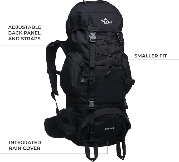 Teton 55L Scout Internal Frame Backpack for Hiking, Camping, Backpacking, Rain Cover Included, Pacific