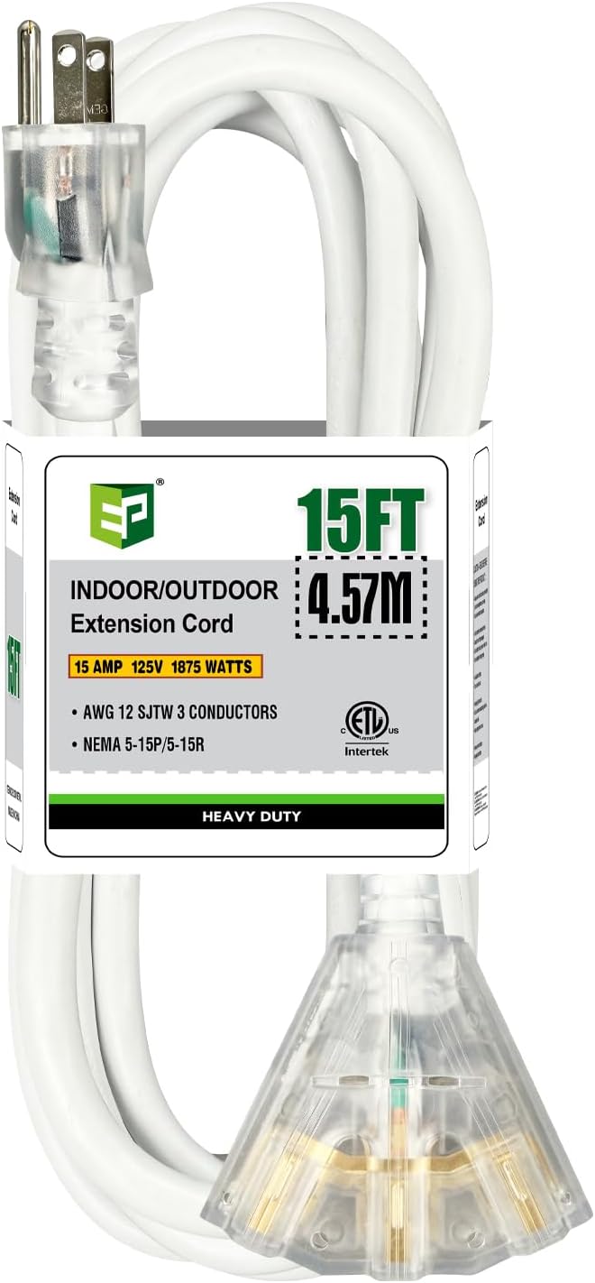 EP 15FT 12 Gauge Heavy Duty Extension Cord, 15A 125V 1875W, 3 Outlet Indoor/Outdoor Power Cord with Lighted End, 12/3 SJTW Weatherproof White, ETL Listed