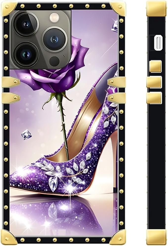 Compatible with iPhone 13 Pro Max Case, High Heeled Purple Diamond Rose Luxury Golden Decoration for Girl Women Soft TPU Shockproof Protective Hard PC Back for iPhone 13 Pro Max