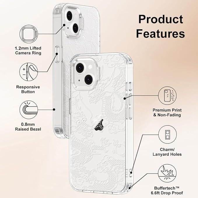 MOSNOVO for iPhone 13/14 Case | Military Grade 6.6ft Drop Tested | Clear with White Dragon Design