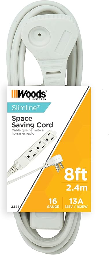 Woods Slimline Indoor Flat Extension Cord,8 Ft,16 Gauge Right Angle Plug,3 Polarized Outlets,125 Volts,White,2241,(Pack of 6)
