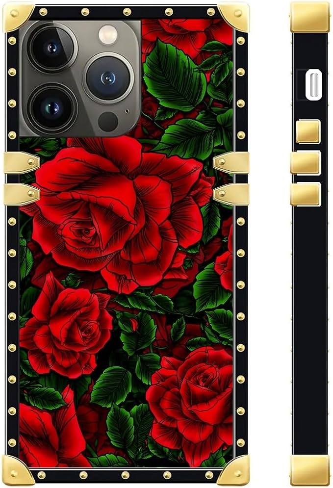 Compatible with iPhone 15 Pro Case, Vector Red Rose Green Leaf Luxury Golden Decoration for Girl Women Soft TPU Shockproof Protective Hard PC Back for iPhone 15 Pro
