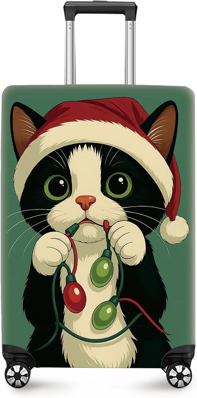 ANNA QUEEN Christmas Cat Luggage Cover, Cute Santa Cat with Light String Suitcase Protector, Stretchable Washable Travel Sleeve for 32-34 Inch Luggage