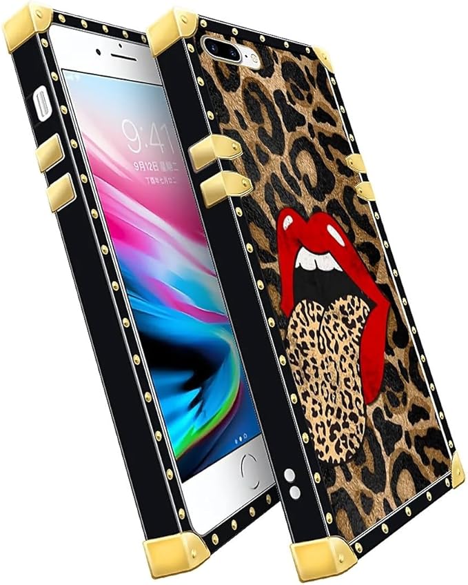 Compatible with iPhone 8 7 SE Case, Brown Leopard Print Mouth Luxury Golden Decoration for Girl Women Soft TPU Shockproof Protective Hard PC Back for iPhone 8 7 SE