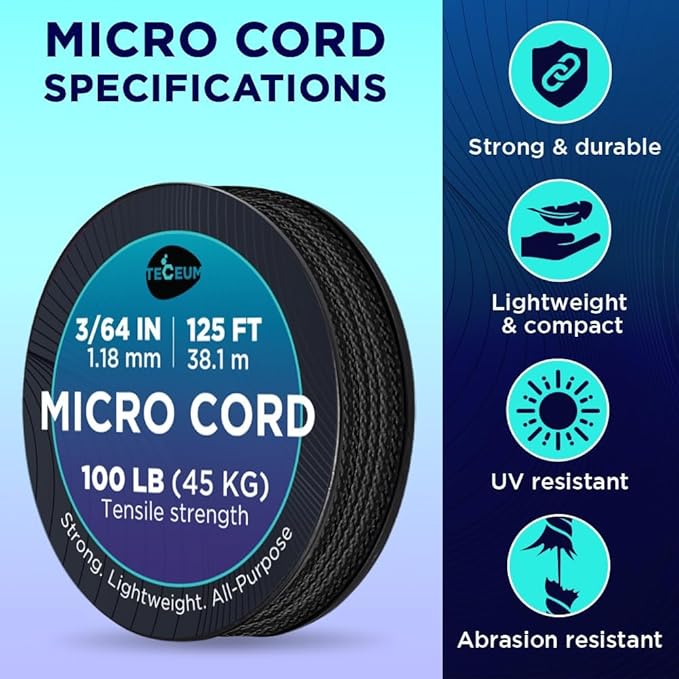 TECEUM Micro Paracord – 1.18 mm X 125 ft – Micro Utility Cord – Thin Braided Paracord Rope – Best for Crafting, DIY Projects, Fishing, Camping – Wind Chime Replacement – Survival Strong String
