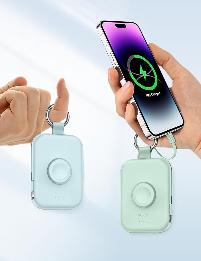 RORRY Portable Charger, 5000mAh Portable Charger Power Bank with Built-in Cables, Travel Keychain Battery Pack for Apple Watch Ultra/11/10/9/8/7/6/SE, iPhone Air/17/16/15/14/13/12, Pink