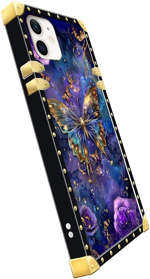 Compatible with iPhone 11 Case, Glistening Golden Butterfly Vibrant Purple Blue Luxury Golden Decoration for Girl Women Soft TPU Shockproof Protective Hard PC Back for iPhone 11
