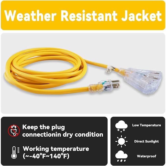 EP 10 Ft 12 Gauge Heavy Duty Extension Cord, 15A 125V 1875W, 3 Outlet Indoor/Outdoor Power Cord with Lighted End, 12/3 SJTW Weatherproof Yellow