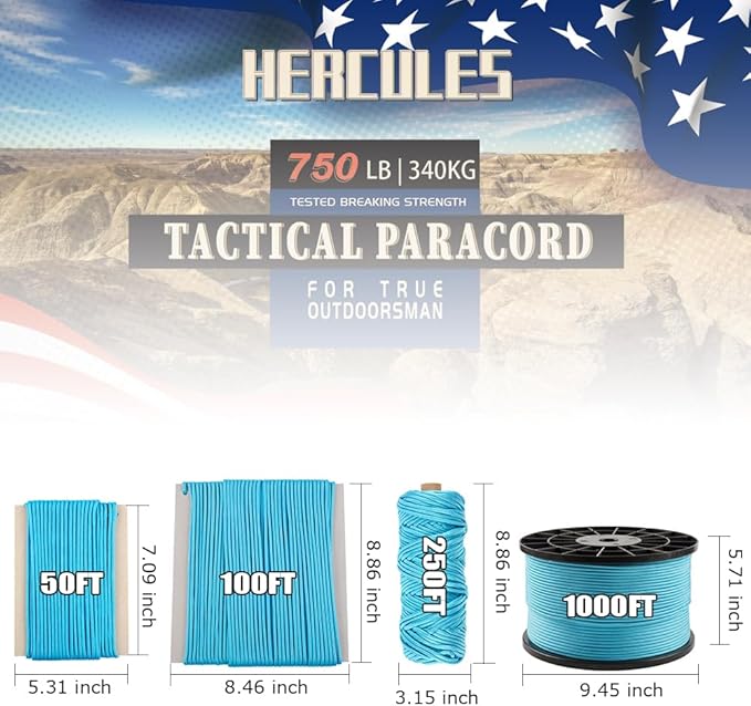 HERCULES 750lb Paracord 4mm 11 Strands Tactical Parachute Cord, 50' 100' 250' 1000' Utility Rope for Camping, Survival, Outdoor Gear (Sky Blue, 250FT)