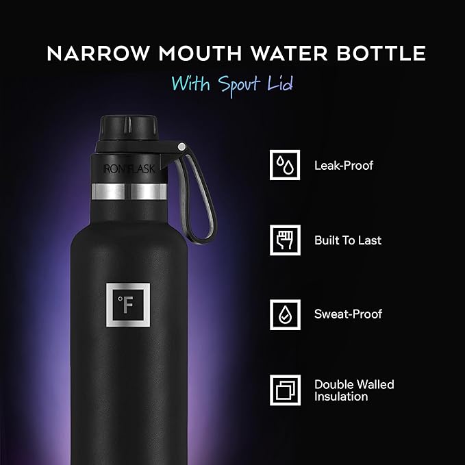 IRON °FLASK Camping & Hiking Hydration Flask with Spout, Narrow Mouth Insulated Stainless Steel Sports Water Bottle - Dark Rainbow 24 oz - Spout (1 Lid)