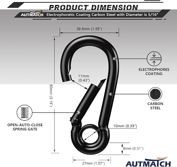 AUTMATCH Carabiner Clips, 3" Spring Snap Hook Caribeener Clips Buckle Heavy Duty Locking Carabiners Chain Quick Links, 4 Pack