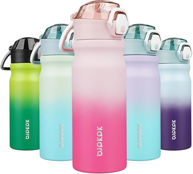 BJPKPK 18oz Insulated Water Bottle with Straw Stainless Steel Double Wall Water Bottles BPA Free Leak Proof Thermal Flask with Lockable Flip Lid and Soft Silicone Spout,Cherry Blossom