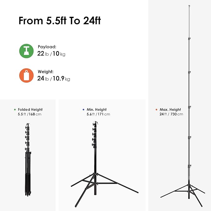RAUBAY 24' Tall Tripod Stand, Extreme Tall Heavy Duty Sports Camera Video Tripod, Spring Telescoping Aluminium Alloy Large Light Stand with 1/4"& 3/8" Screw, Professional Sky High for Outside Shooting