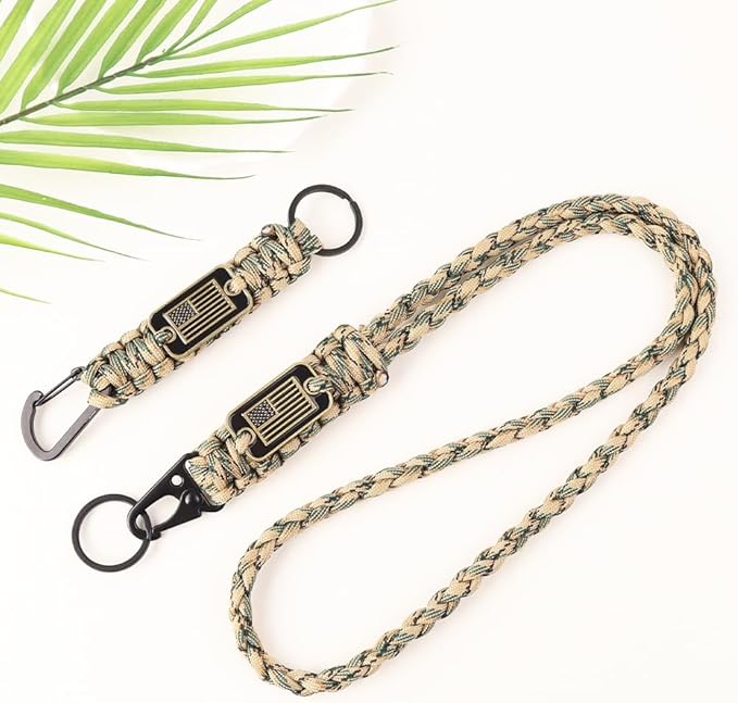 2pcs Heavy Duty Braided Paracord Lanyard Keychains with USA Flag, Parachute Rope Necklace for Outdoor Activities