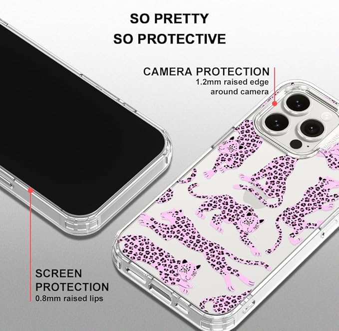 MOSNOVO Case for iPhone 15 Pro Max, [Buffertech 6.6ft Military-Grade Drop Protection] [Anti Peel Off Tech] Clear TPU Bumper Phone Case Cover Design - Pink Leopard