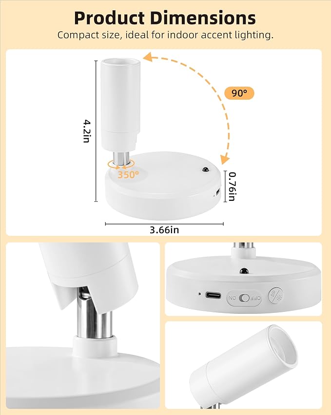 EZVALO Battery-Powered LED Spotlight Indoor, Wireless Picture Lights with Remote, 5500mAh Rechargeable Mini Display Light, Uplighting Indoor for Artwork, Tree, Painting, Portrait (1-Pack White)