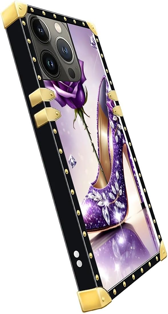 Compatible with iPhone 14 Pro Max Case, High Heeled Purple Diamond Rose Luxury Golden Decoration for Girl Women Soft TPU Shockproof Protective Hard PC Back for iPhone 14 Pro Max