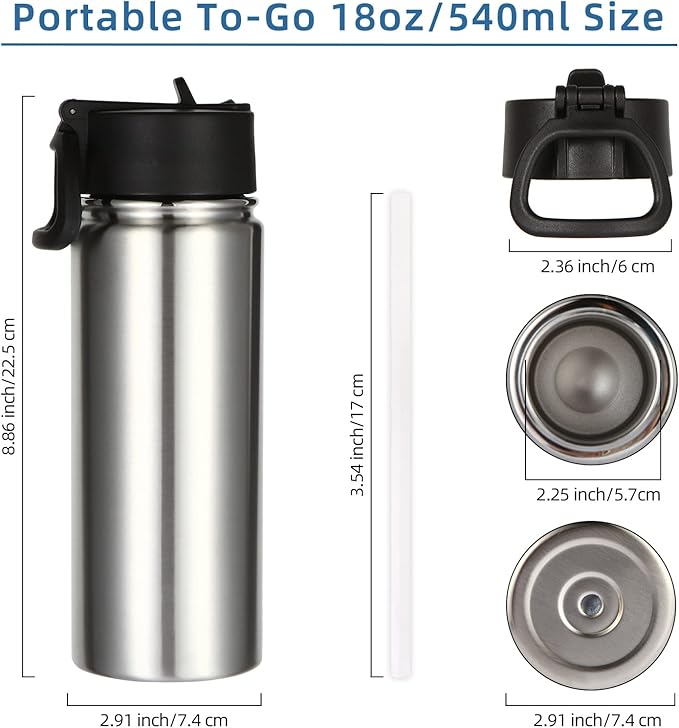 Volhoply 18oz Kids Insulated Water Bottle,Stainless Steel Water Bottles with Straw,Double Wall Vacuum Metal Water Bottle,Wide Mouth Reusable Sports Travel Flask For Cold Drink(Silver,1 Set)