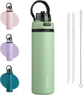 BJPKPK 25oz Insulated Water Bottle with 2-1 Straw Spout Lid, Stainless Steel Metal Water Bottles with Carry Handle, BPA Free, Leak-Proof, Fits in Car Cup Holder, Thermo for Sports,Macaron Green