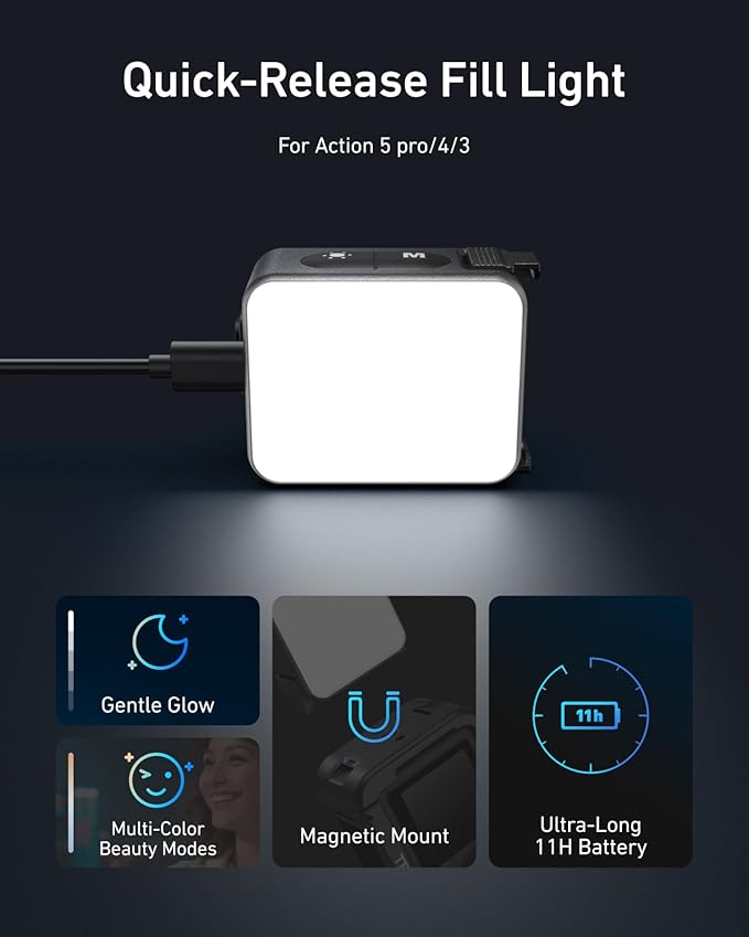 TELESIN Vlogging Light Mini LED Action Camera Video Light Magnetic Photography Fill Lighting for DJI Osmo Action 6 Action 5 Pro 4/3 Camera Cage Accessories