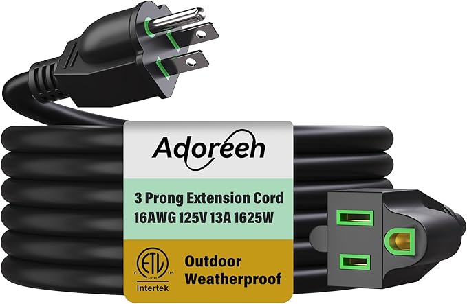 Adoreen Outdoor Power Extension Cord 15 Ft, 3 Prong 16 AWG Grounded Wire Heavy Duty Weatherproof Electric Cable for Indoor Christmas Light Lamp, 13A 125V 1625W, SJTW-ETL- Black with Green