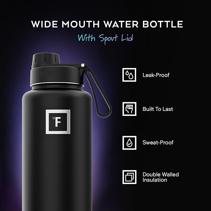 IRON °FLASK Camping & Hiking Hydration Flask with Spout, Wide Mouth Insulated Stainless Steel Sports Water Bottle - Twilight Blue 32 oz - Spout (1 Lid)