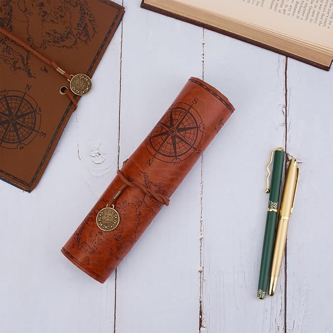 GORGECRAFT Canvas PU Leather Pencil Bag Strap Vintage Treasure Map Compass Pattern Pen Case Holder Cover Rollup Retro Pen Bag Wrap Roll up Portable Stationery Pouch with Alloy Charming Sandy Brown